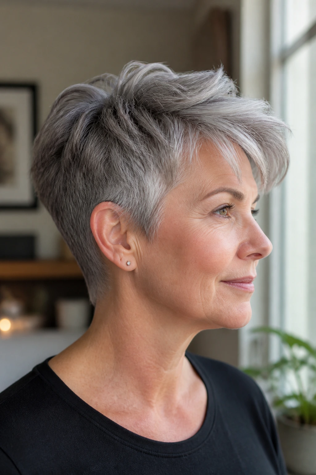 Close-up of a gray-haired woman with soft tapered crop and longer crown