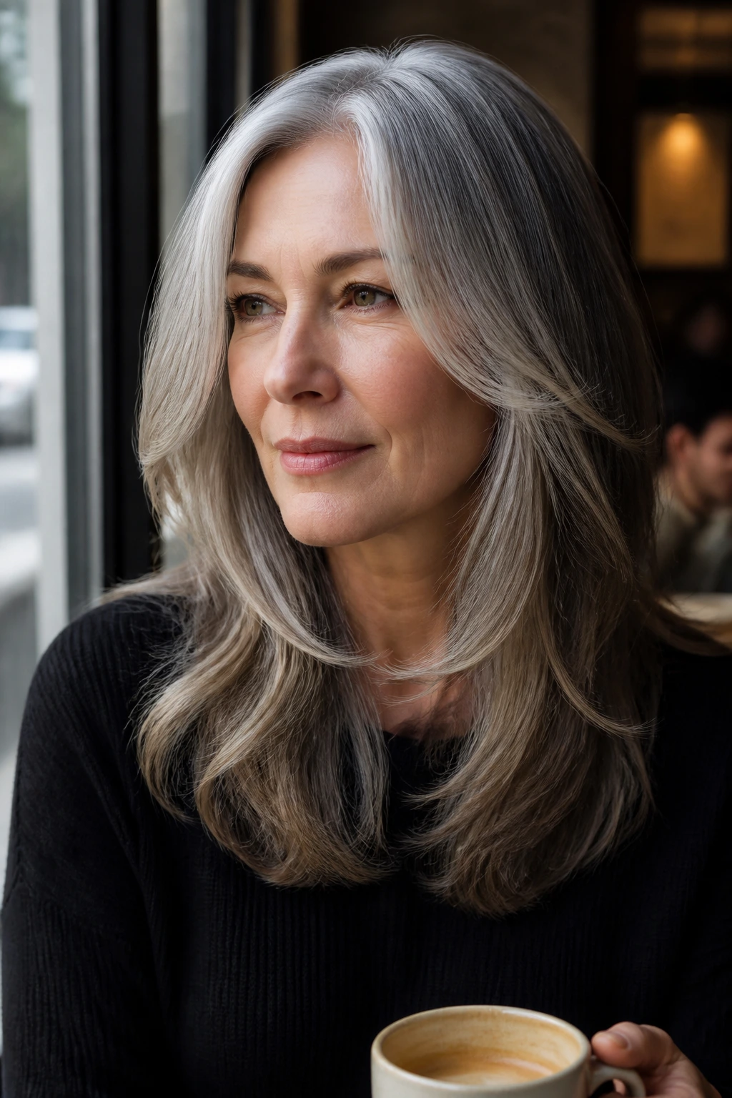 Real woman with gray transition blending layers around the face