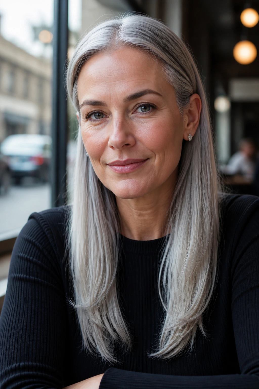 Close-up of a real person with long gray hair tucked behind both ears for a sleek flow
