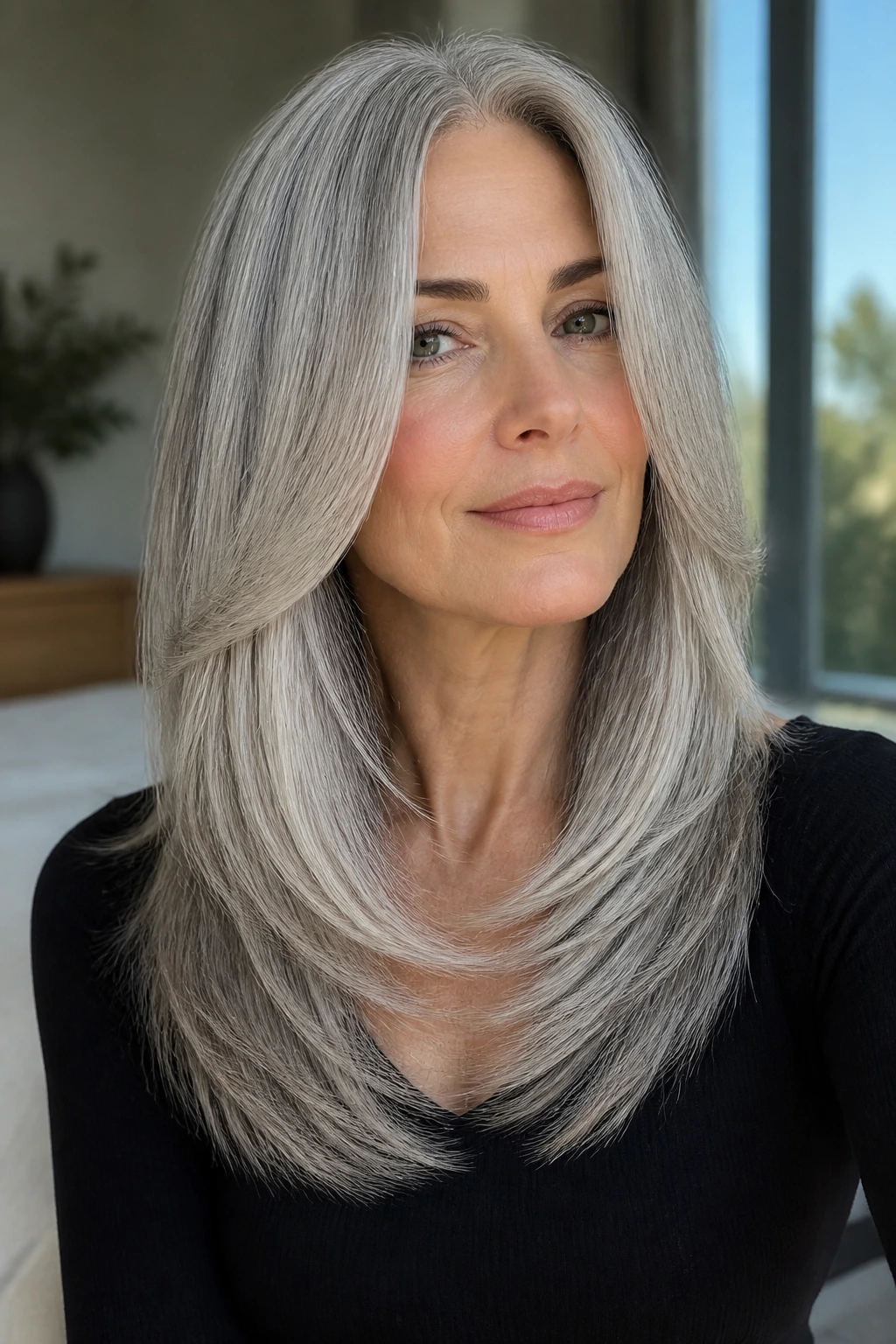 Close-up portrait of a real person with long silvery-gray U-cut hair and tapered ends, in a sunlit room.
