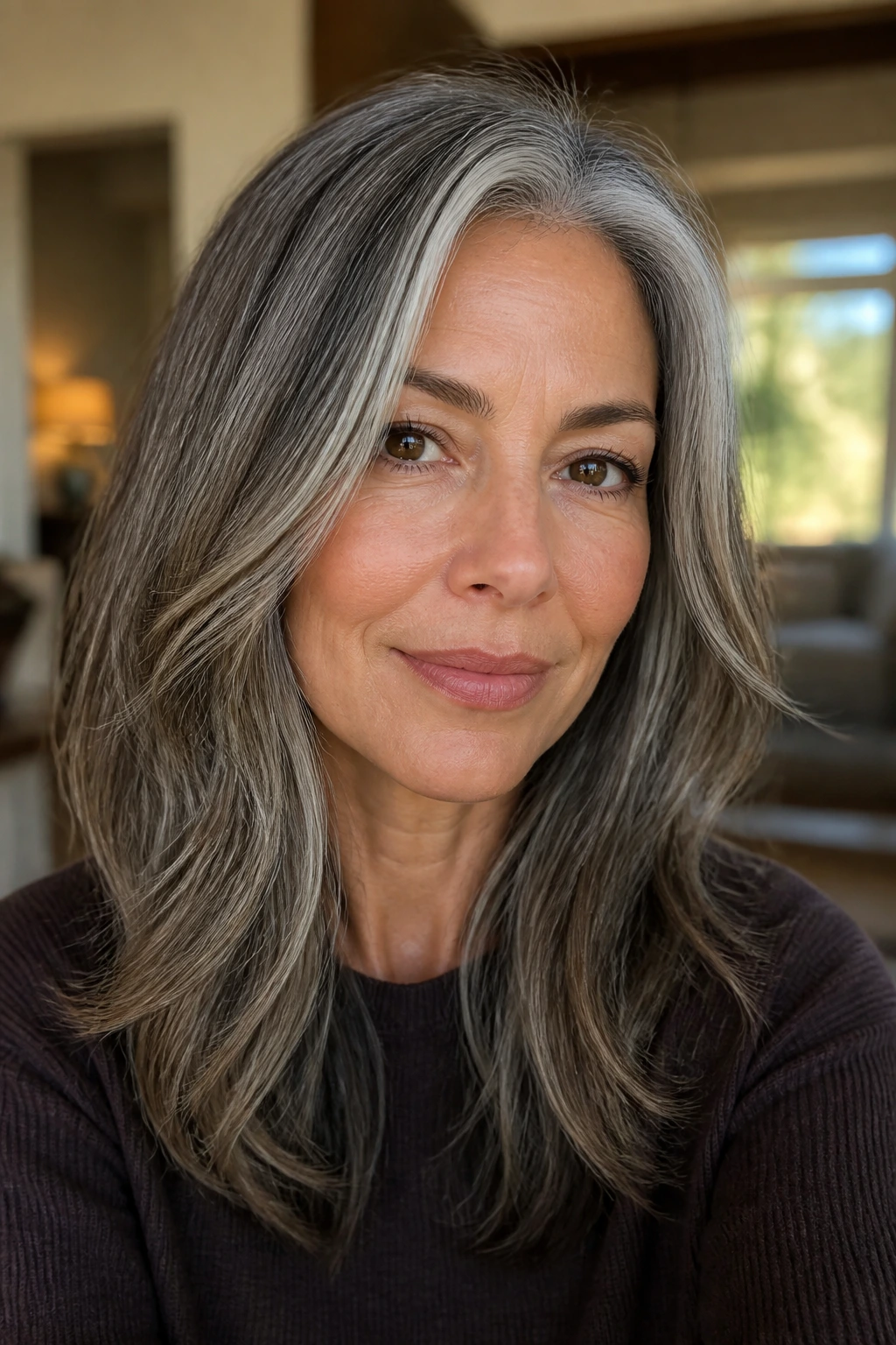 Portrait of a real woman with brown-gray base and silver highlights through mids and face frame illustrating mushroom melt variation