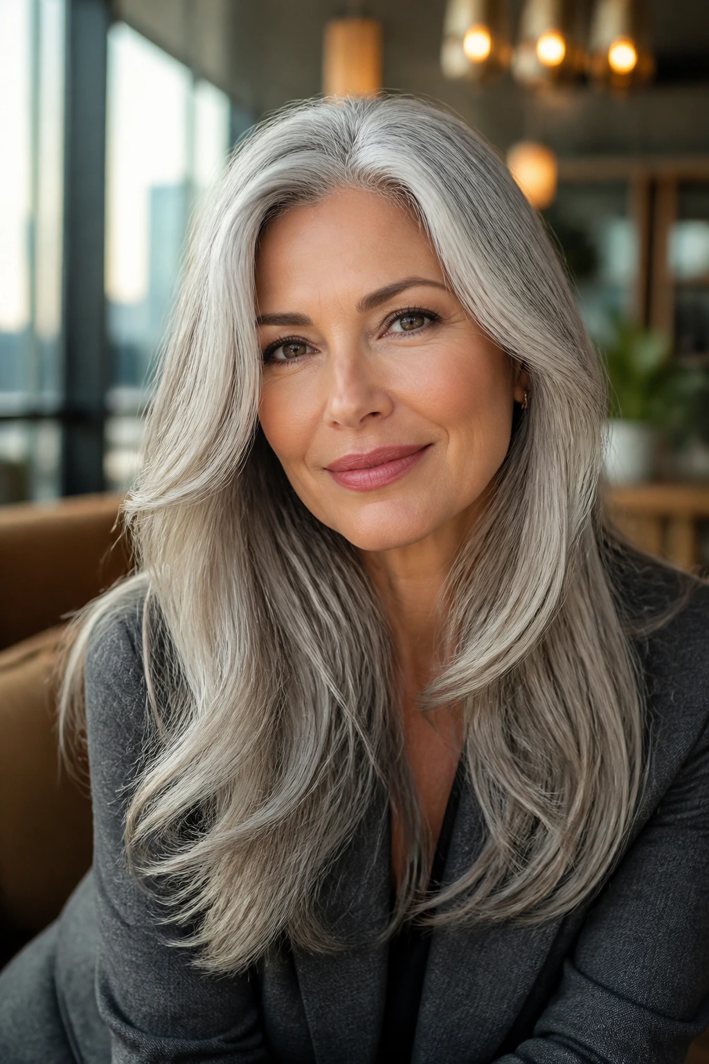 Portrait of a real person with long gray hair styled for versatile daily wear.