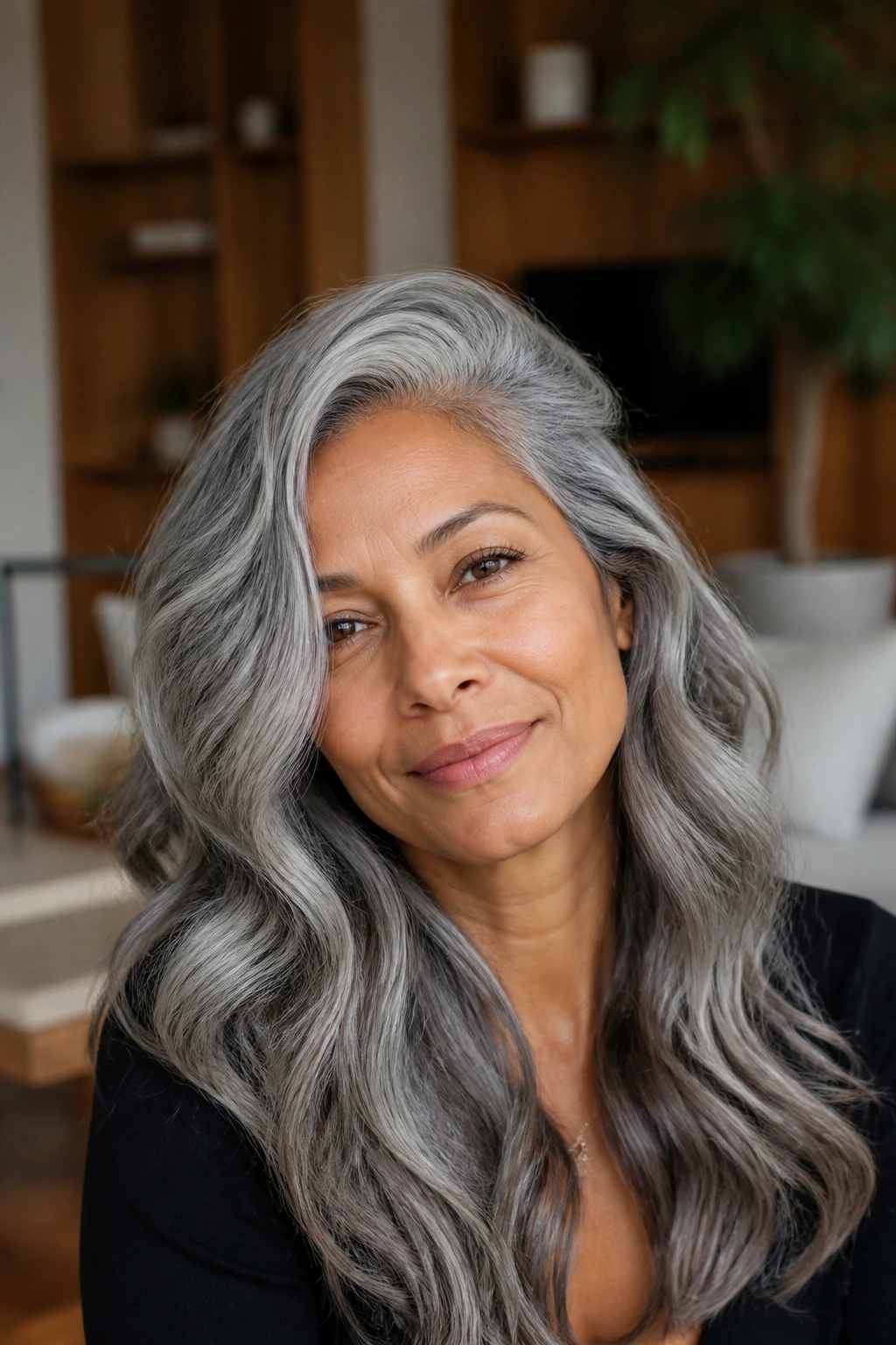 Close-up of a real woman with long gray waves and a deep side part in natural daylight