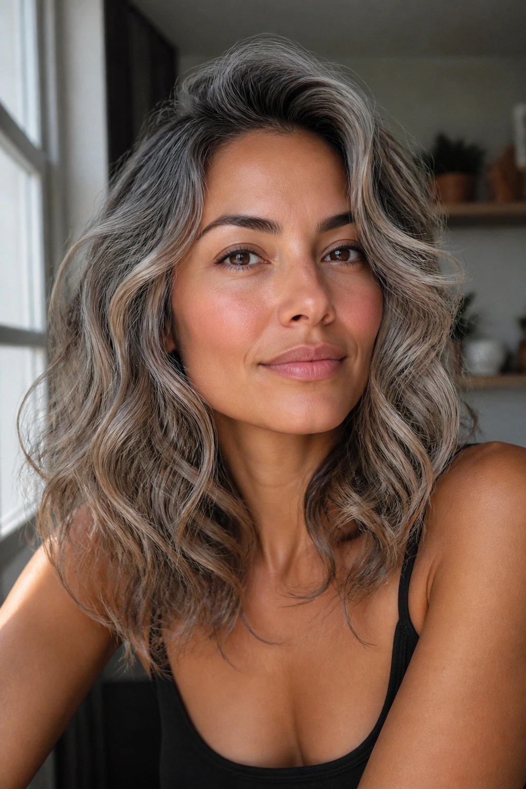 Close-up portrait of a person with medium skin and beachy gray hair tones