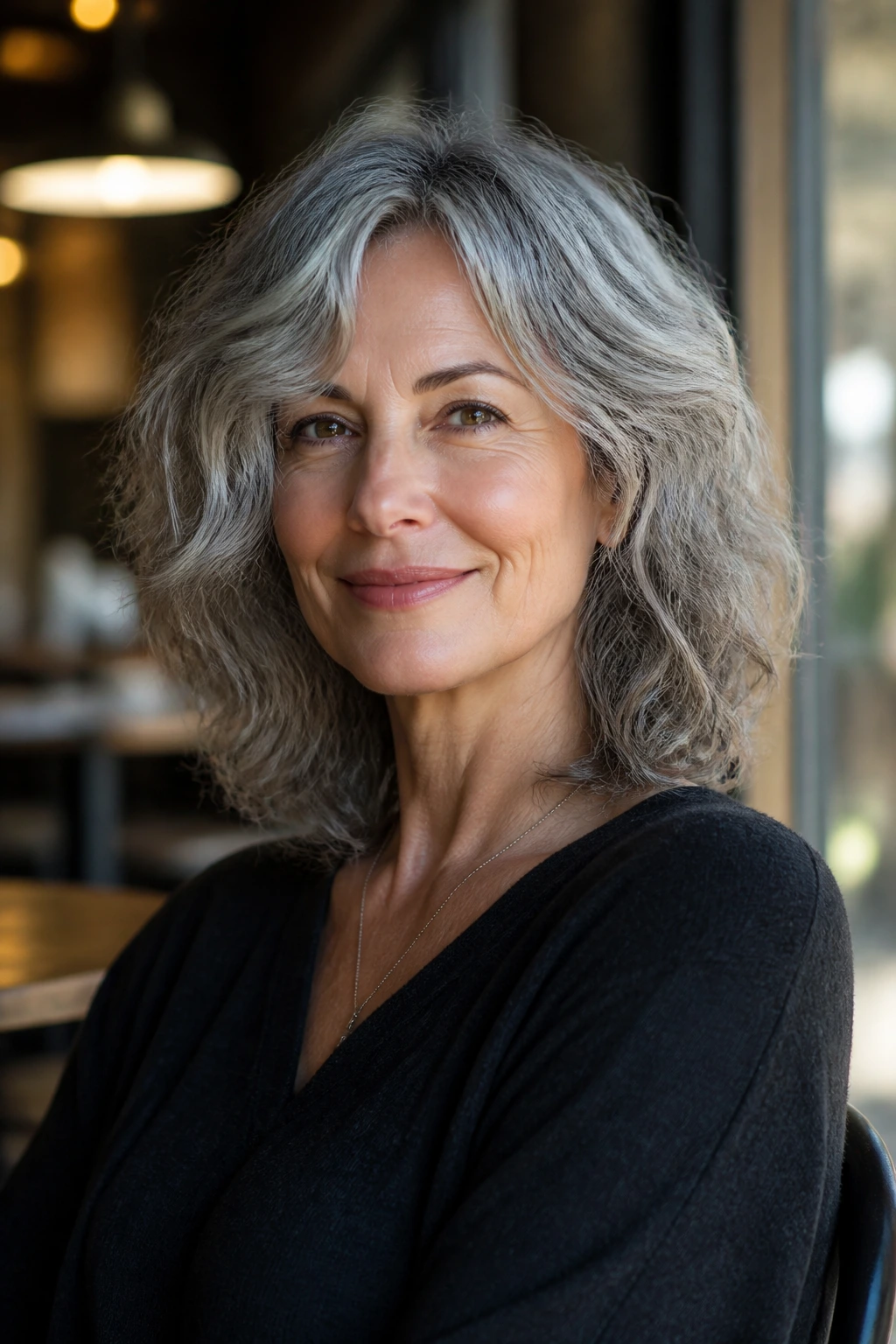 Real woman with gray, wavy hair in a flattering cut