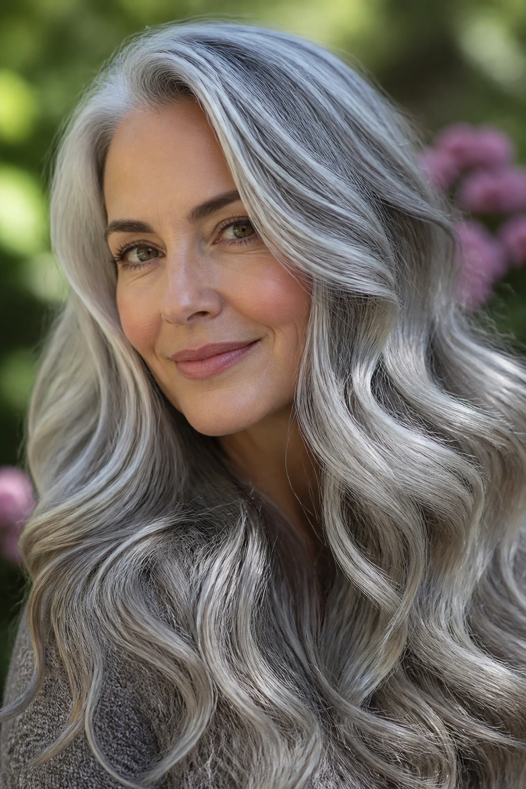 Portrait of a person with loose ribbon waves in long gray hair showing shade shifts