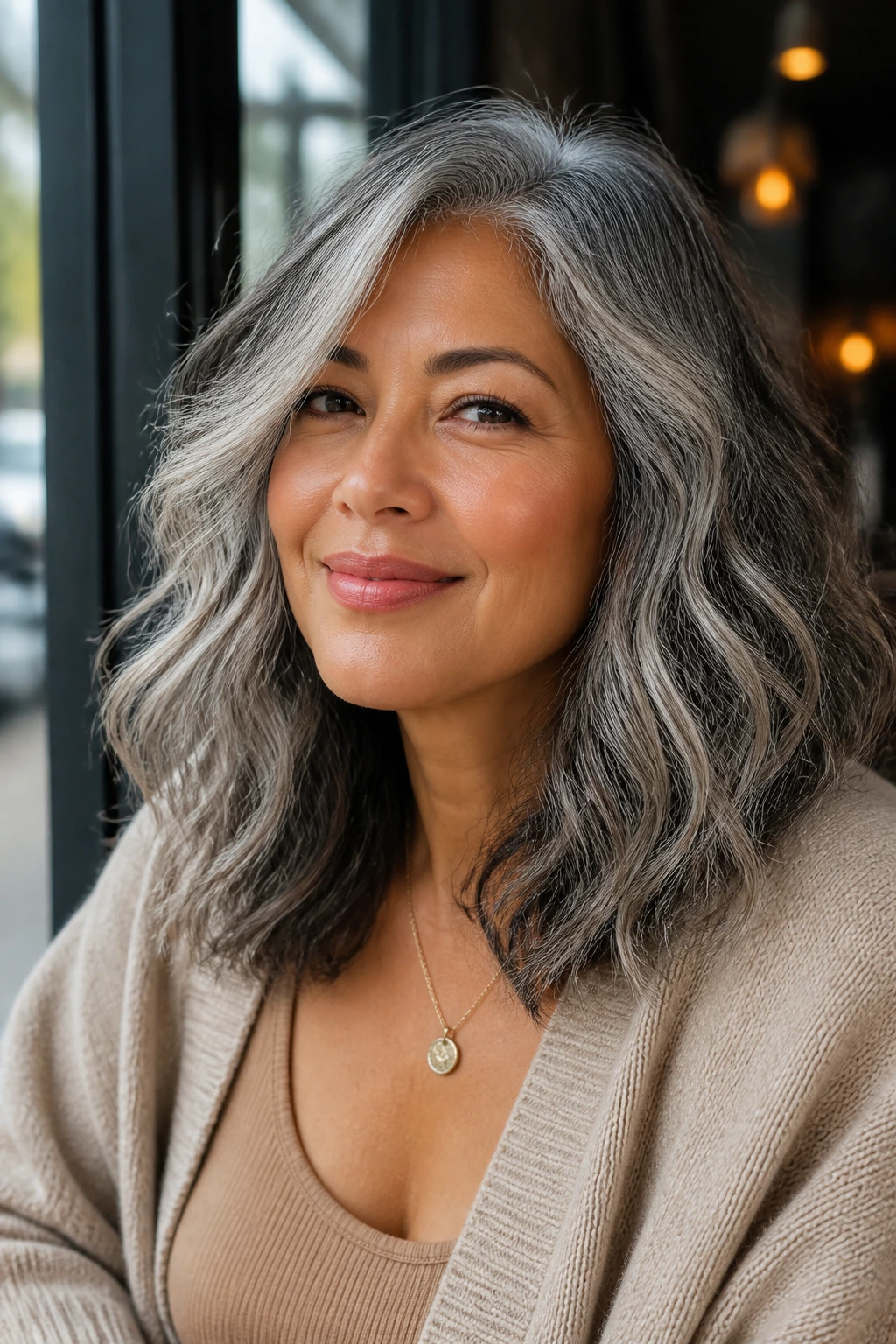 Real person with gray hair and beachy waves in daylight at a cafe window