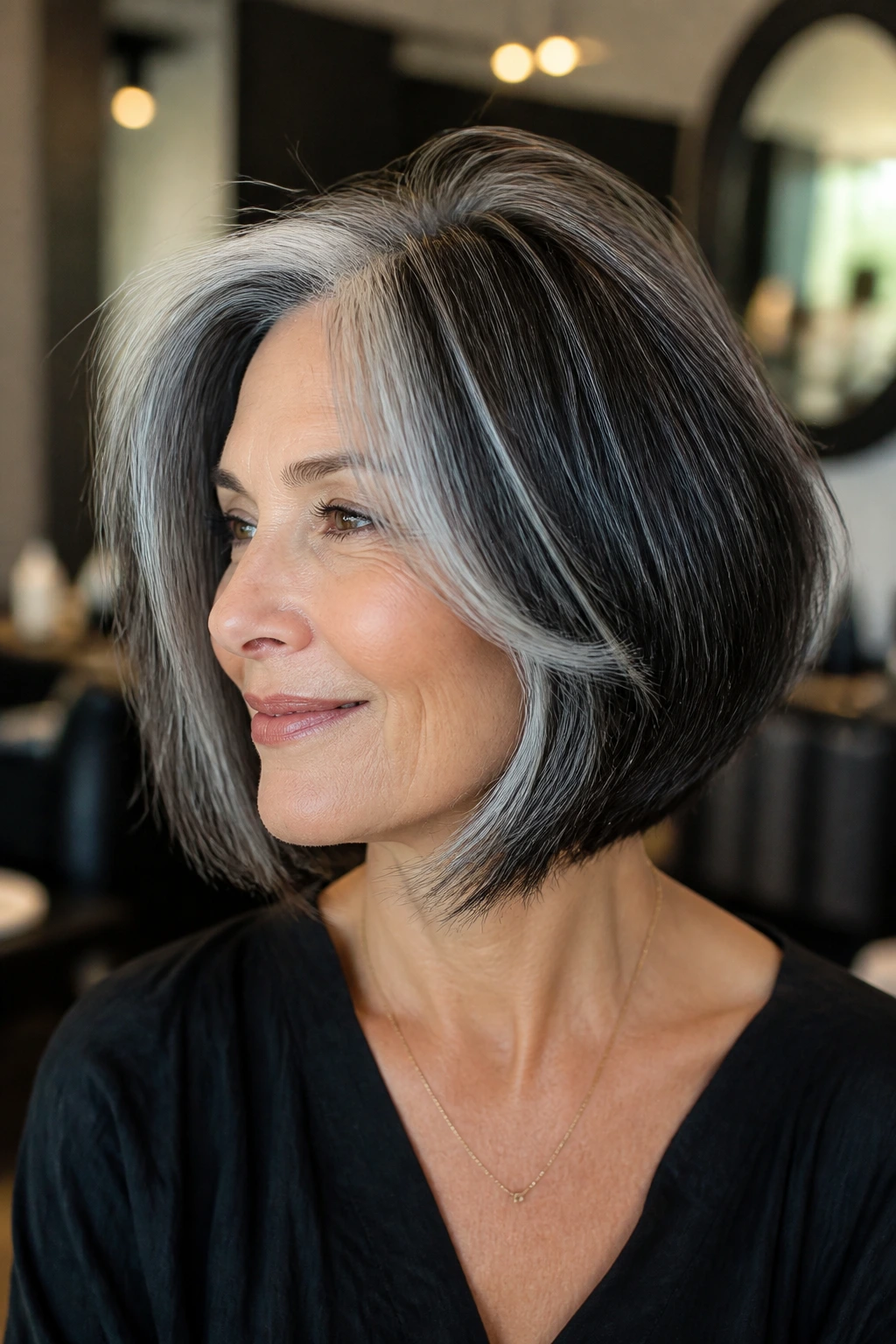 Portrait of a real woman with a layered bob showing gray halo on dark hair