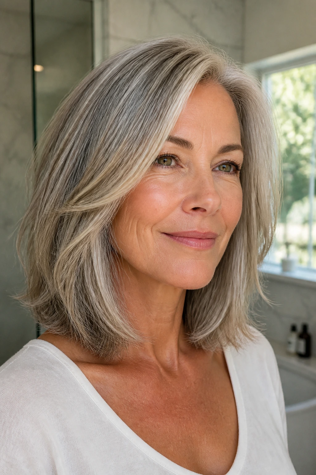 Close-up of a real woman with a layered gray lob and champagne glow.