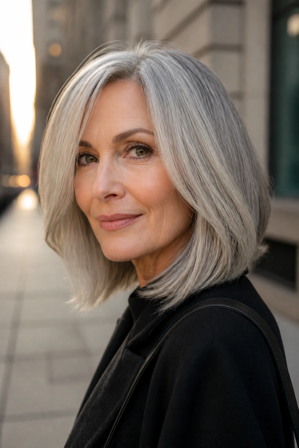 Close-up of a real woman with blended gray lob and tapered ends in golden-hour street light