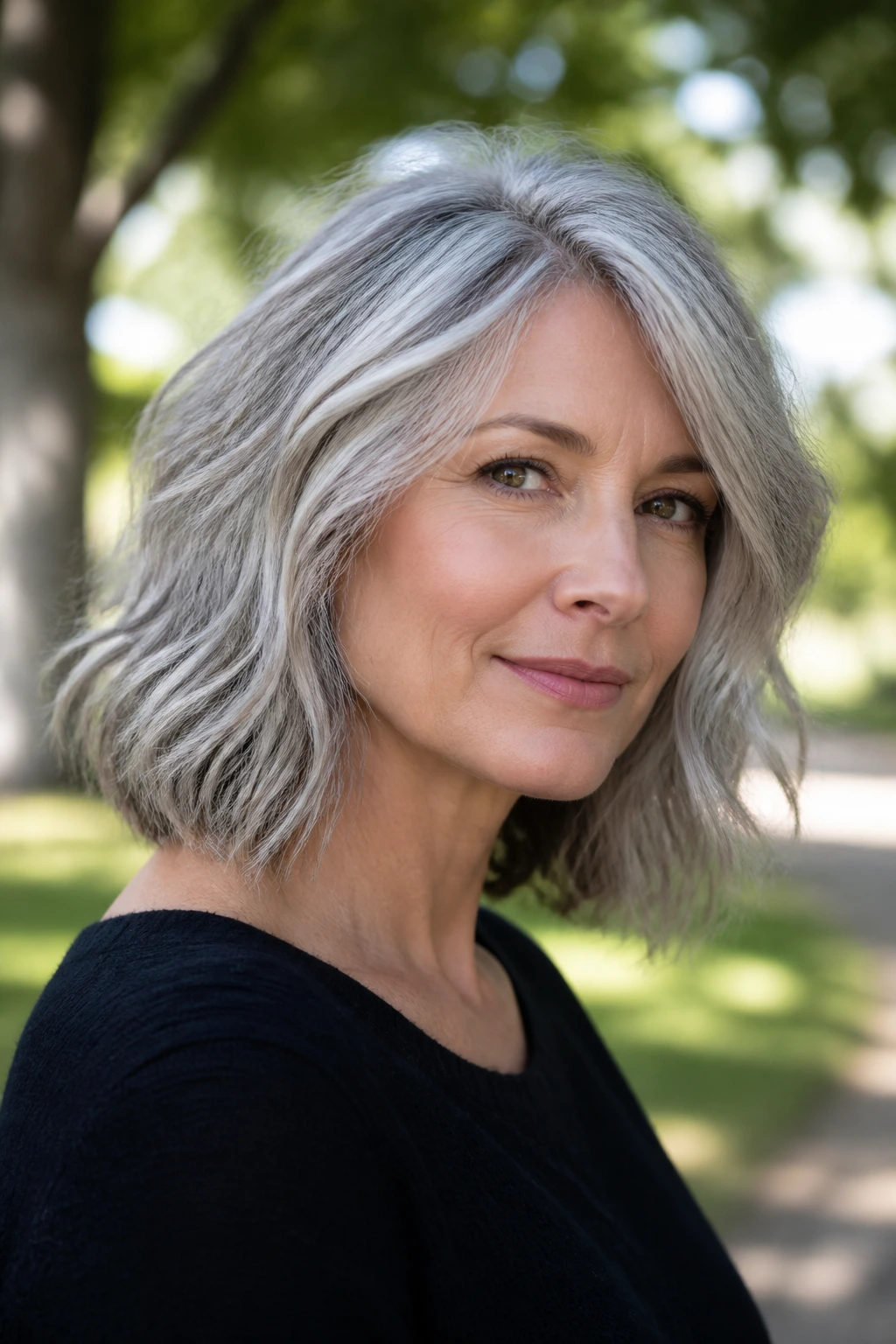 Real woman with tousled gray lob and natural sheen in park sunlight