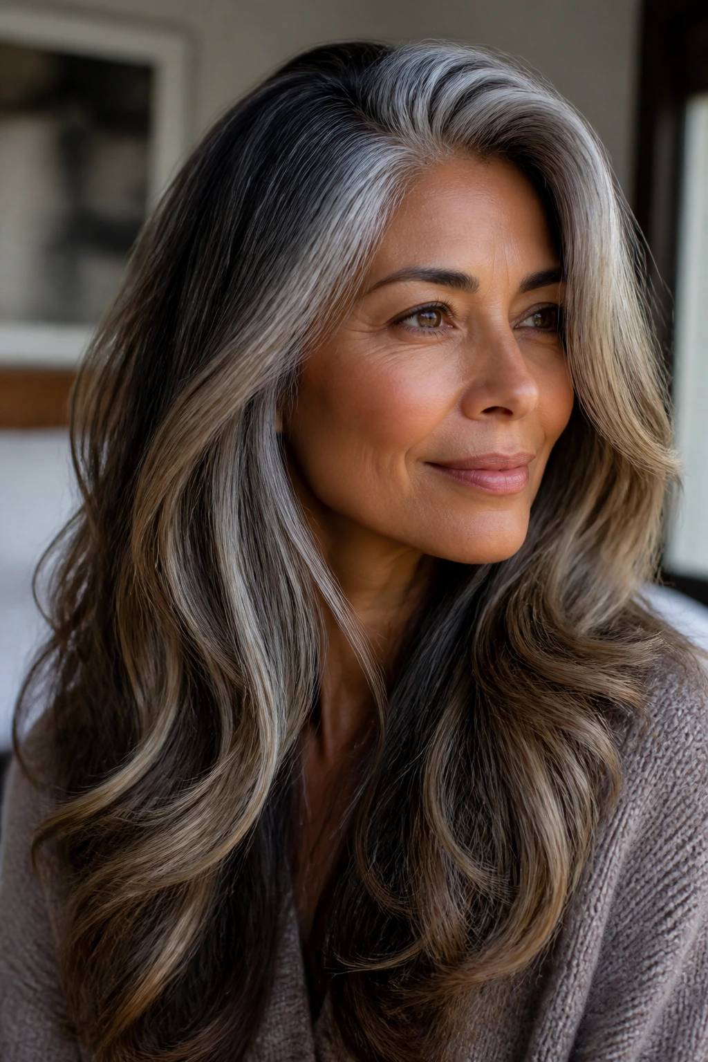 Medium close-up of a real person with multi-tone gray hair and warm-to-cool undertones