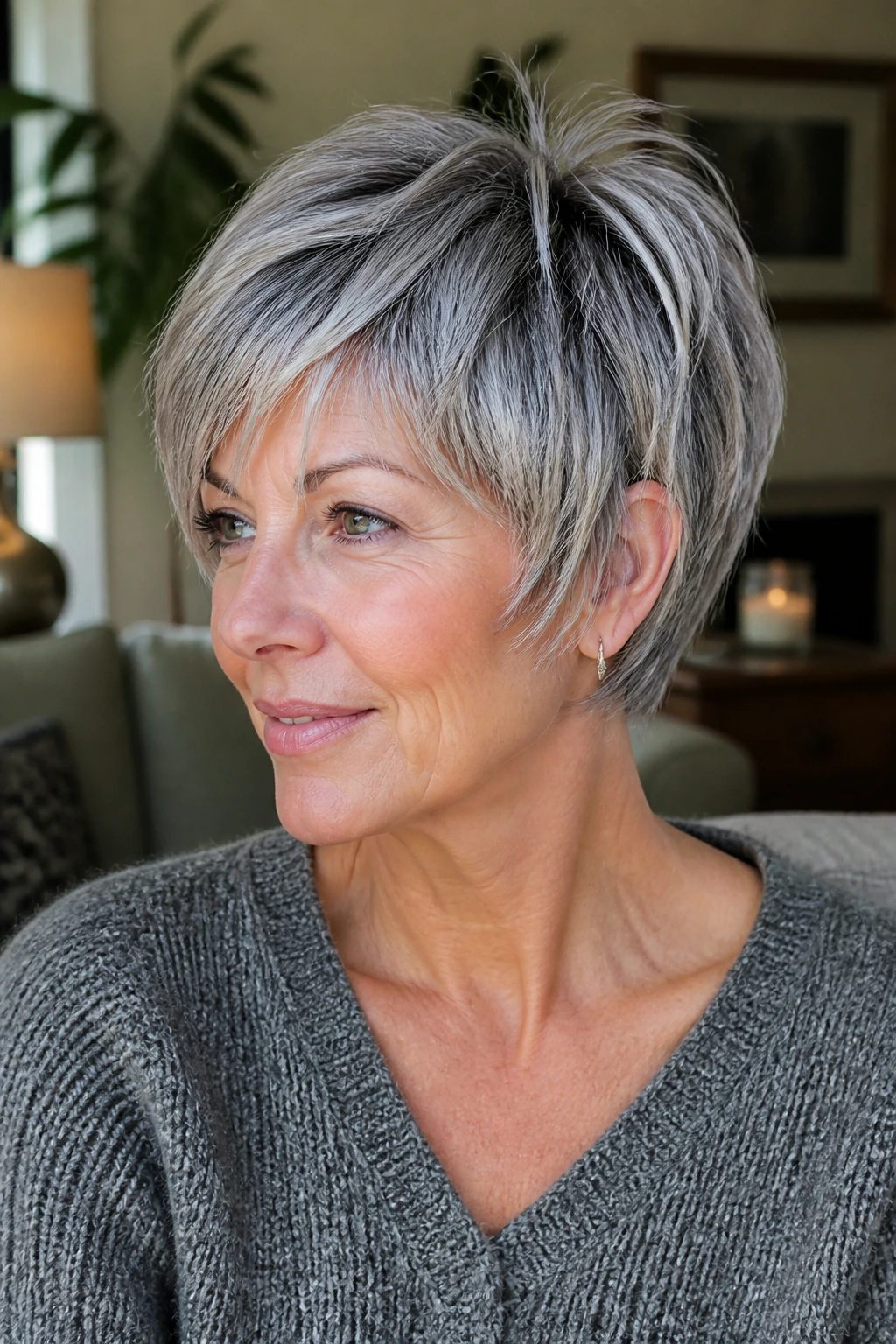 Close-up of an older woman with a gray pixie bob featuring broken layered ends.