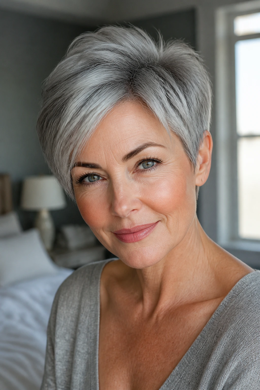 Close-up portrait of a gray pixie on a heart-shaped face in a cozy setting