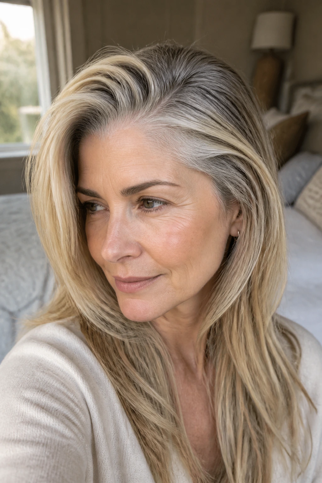 Close-up portrait of a woman with beige blonde roots blending gray regrowth.