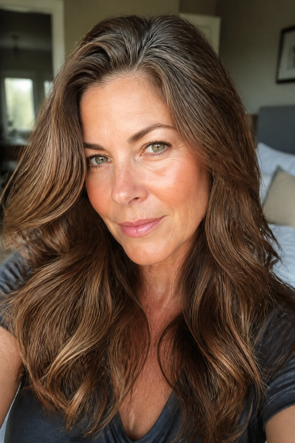 Close-up portrait of a real woman with camouflaged gray roots in warm chestnut tones