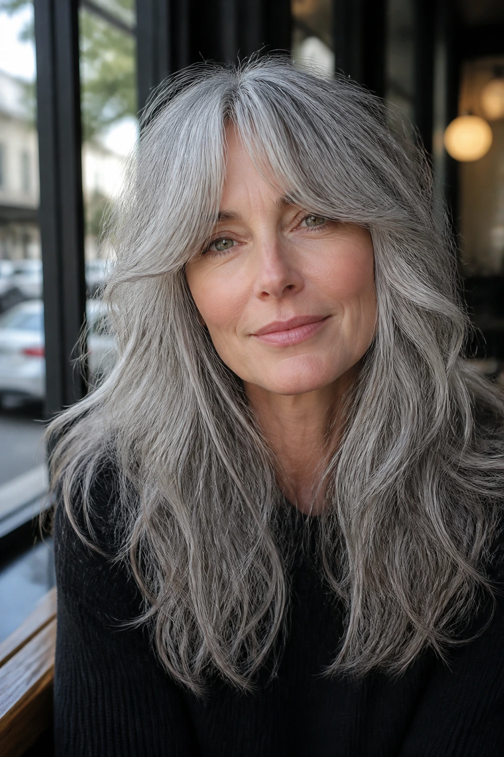 Portrait of a person with long gray shag and curtain bangs