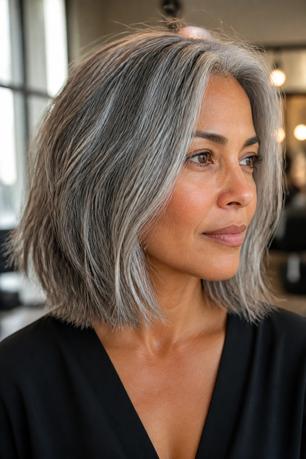 Portrait of a person with a bold gray blunt lob, side-lit in a modern salon