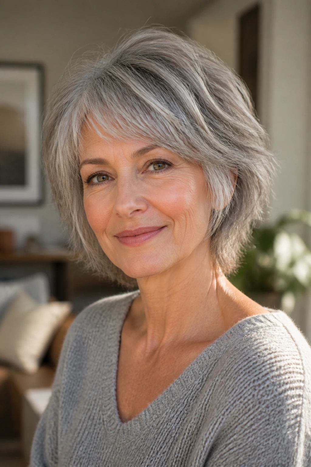 Close-up of a woman with natural gray texture cut showing crisp texture and silver highlights.