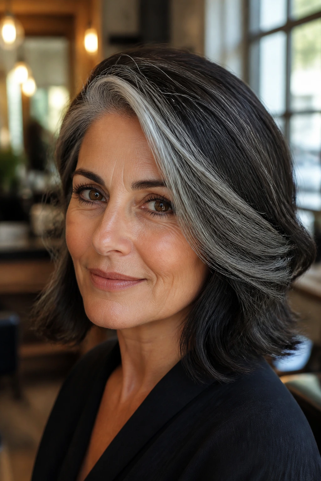 Close-up portrait of a real person with dark hair transitioning to gray, showing a layered cut that softens the grow-out line in a salon setting