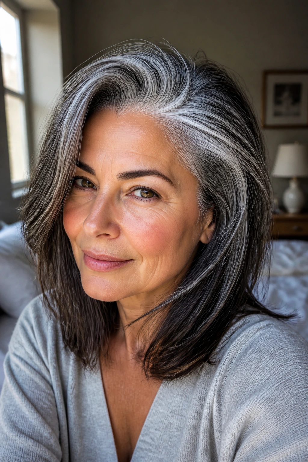 Close-up of gray transition hair showing root-to-silver contrast in natural light