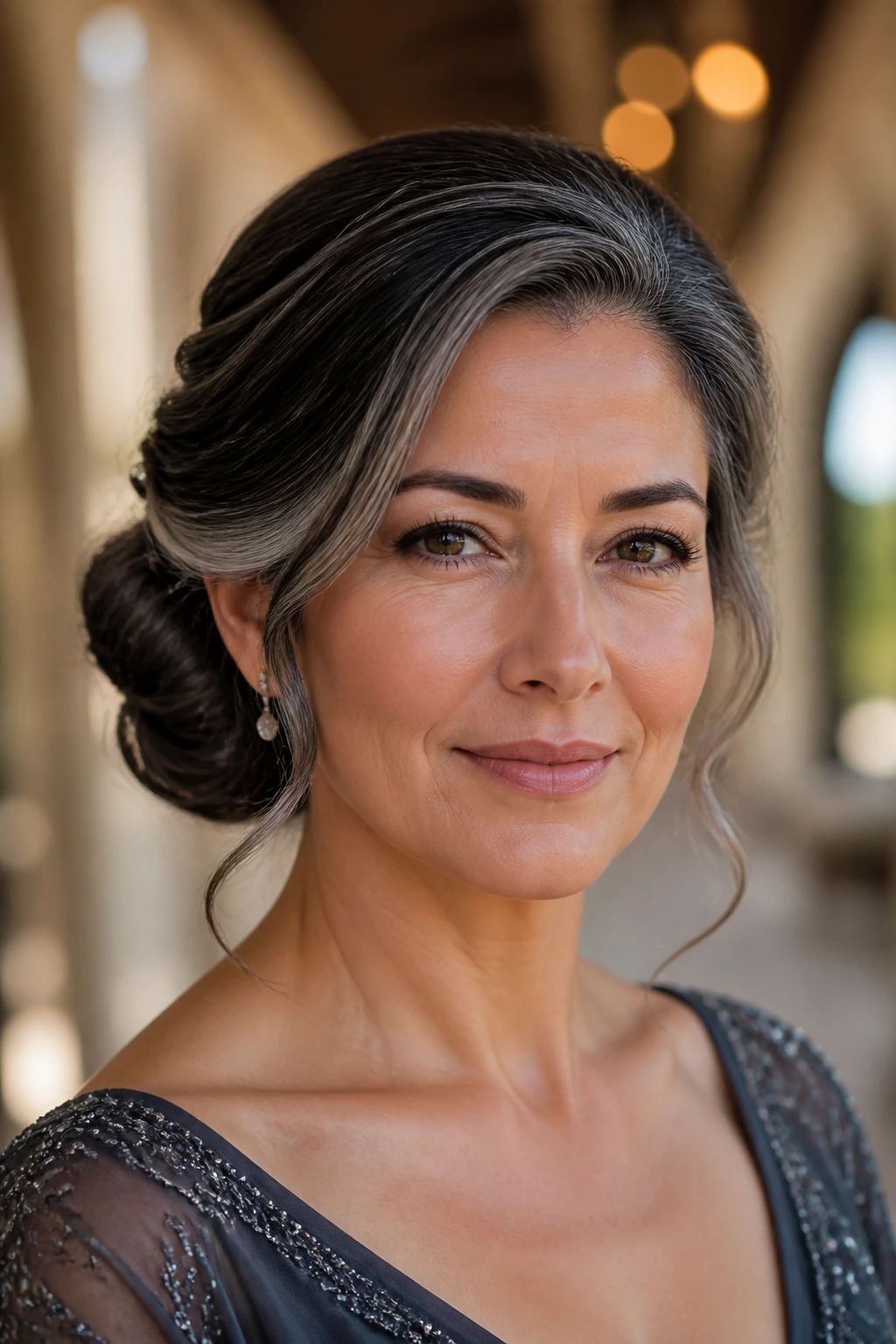 Portrait of a real woman with a low bun and grey accent strands around her face