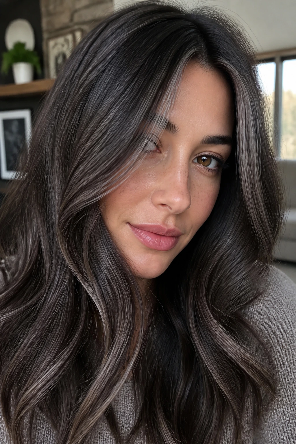 Close-up of a real woman with dark brown hair and subtle grey babylights.