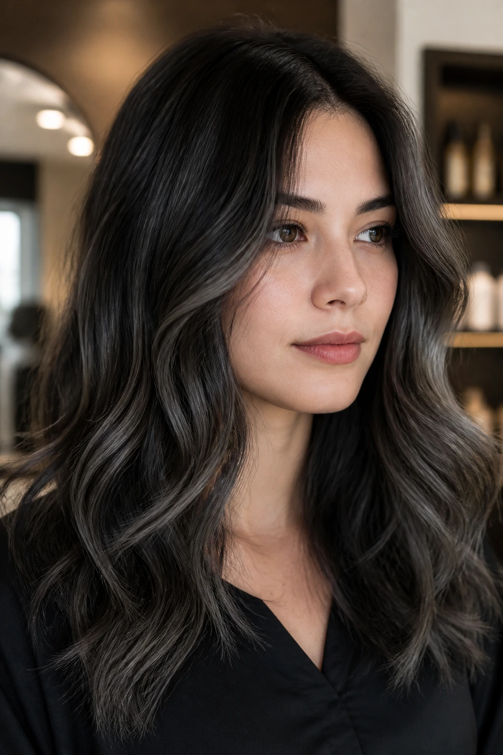Close-up of a brunette with grey-black shades highlighting depth and cool sheen