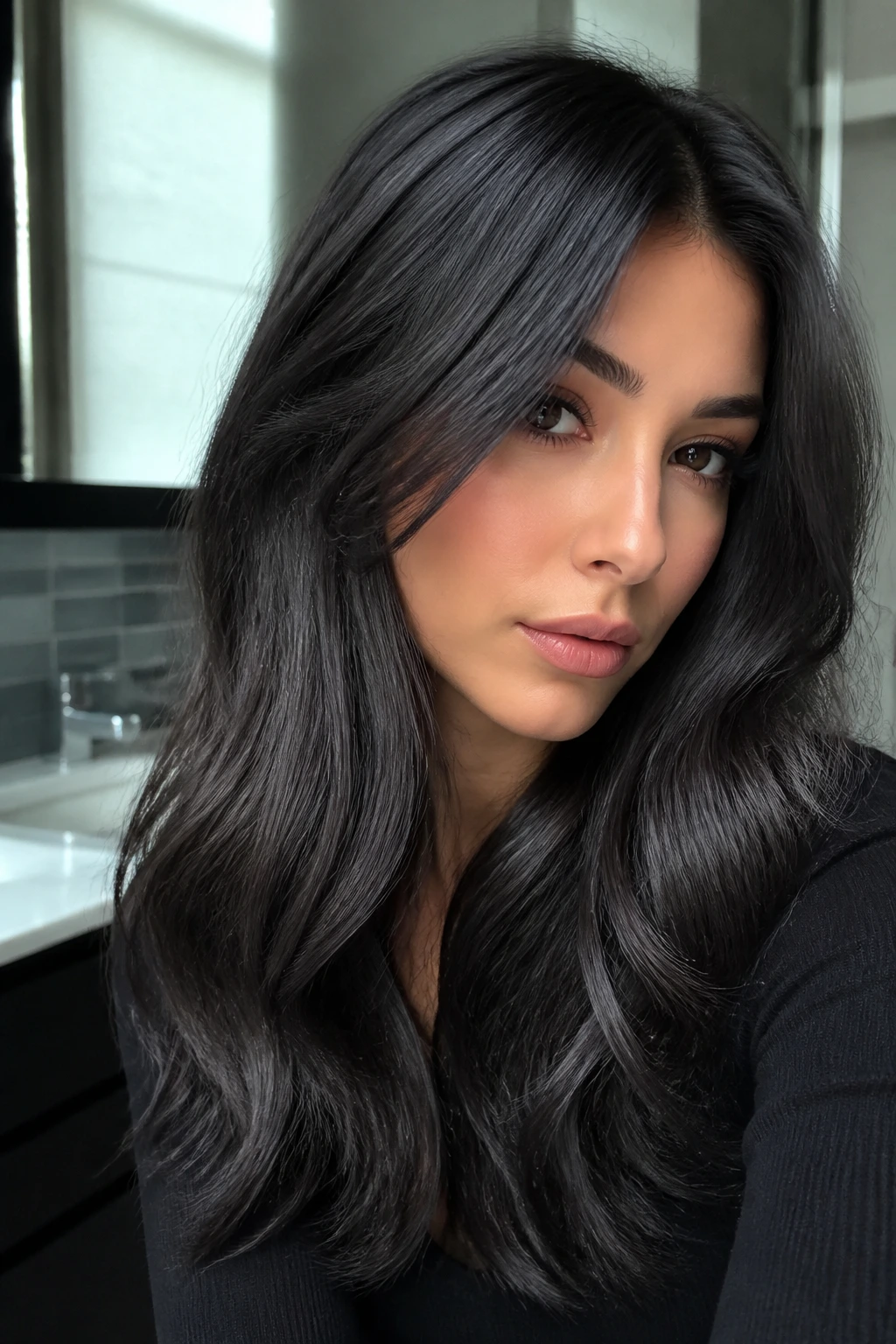 Close-up of real person with healthy grey-black hair and shine.