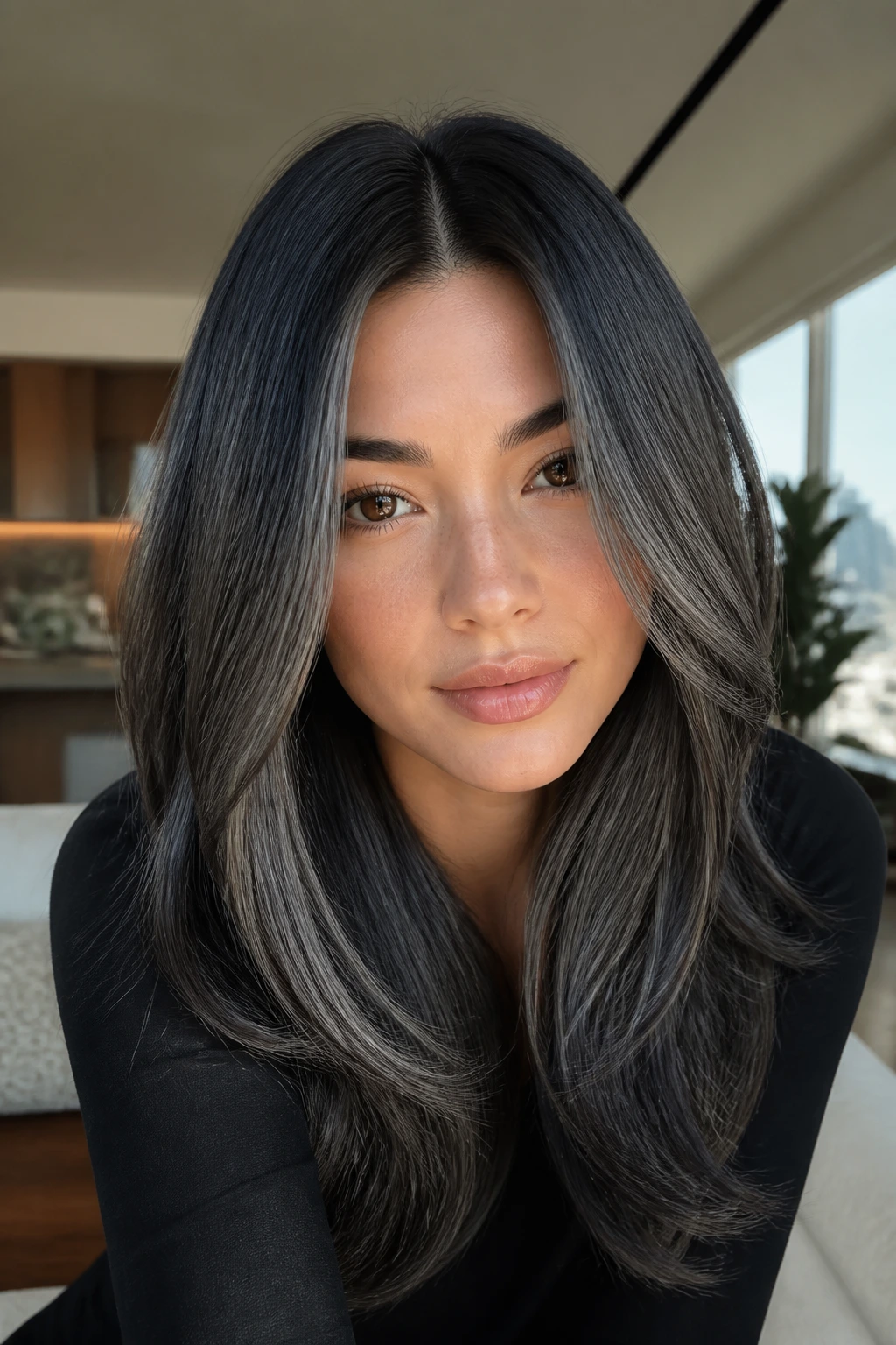 Close-up of real person with grey-black hair in a sleek center-part.