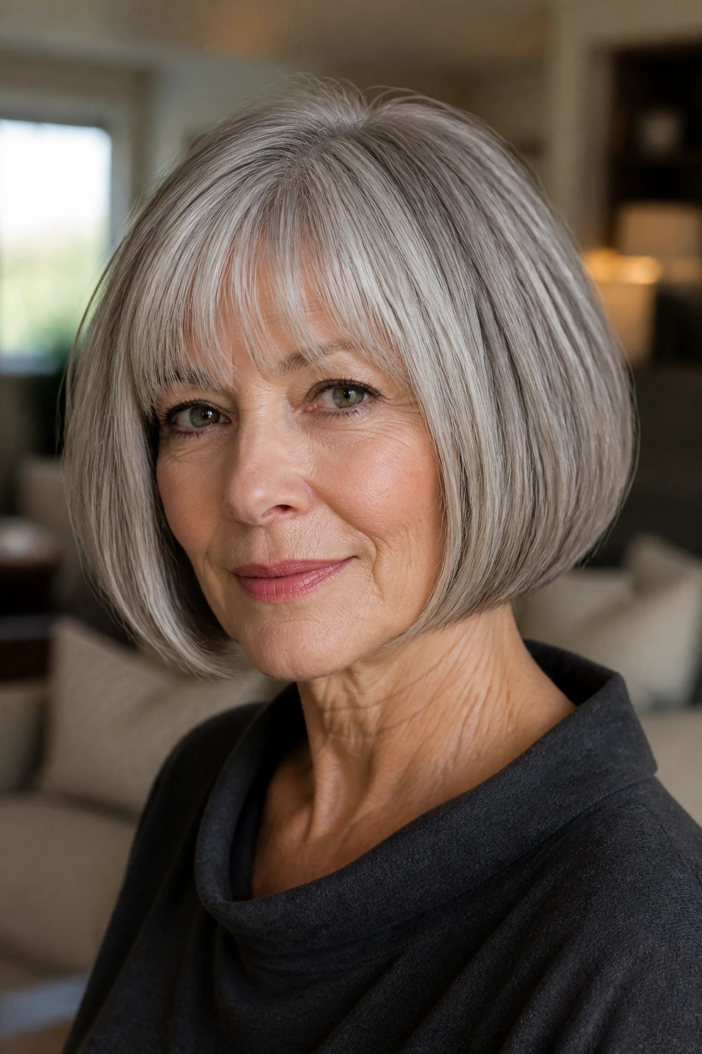 Close-up portrait of a woman with grey-blend pageboy haircut and silver hair.