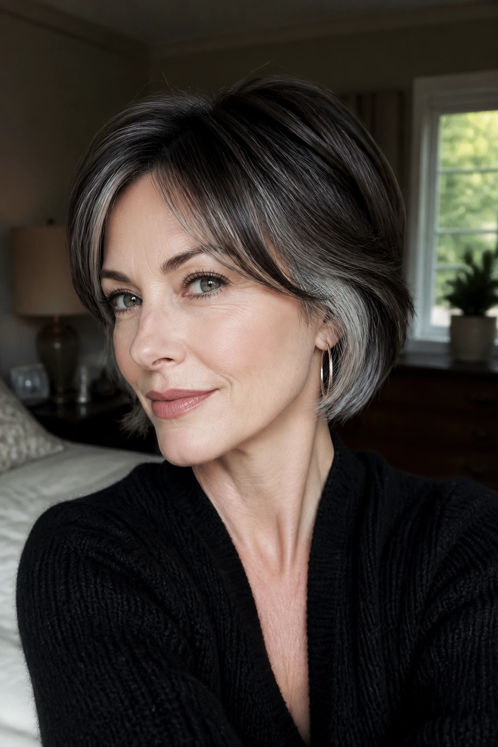Close-up of a real person with grey-blending hair on fair skin with espresso roots and silver nape