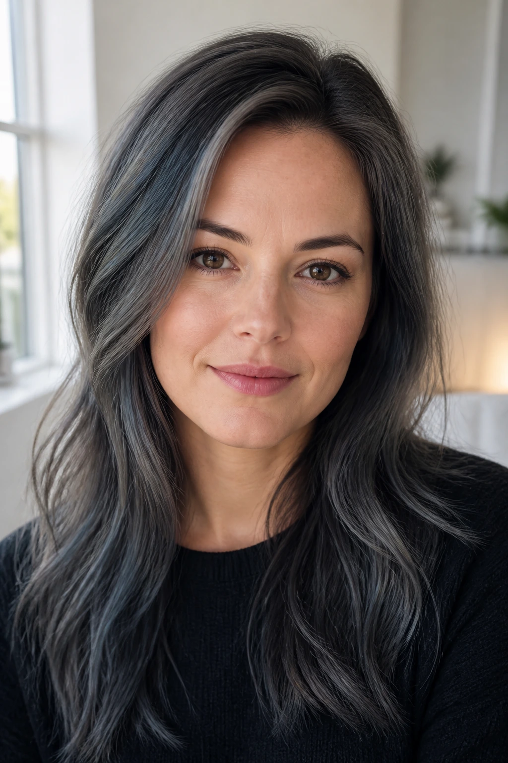 Close-up of a real woman with grey-blue toner on fine brunette hair in a bright interior.