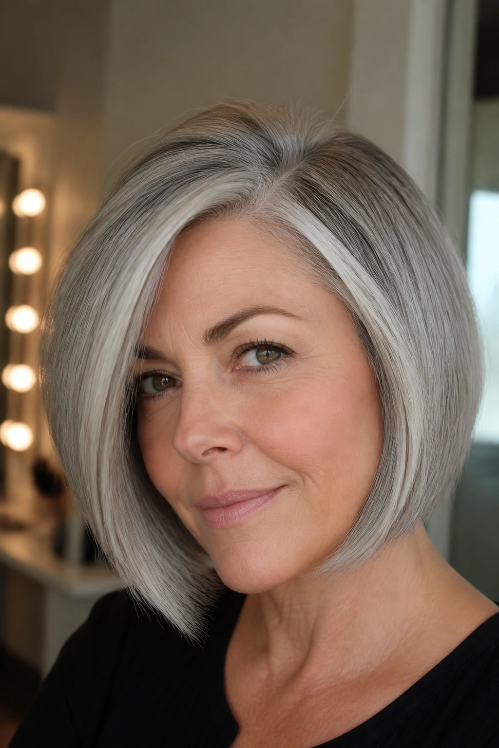 Close-up of a woman with a deep side-part grey bob