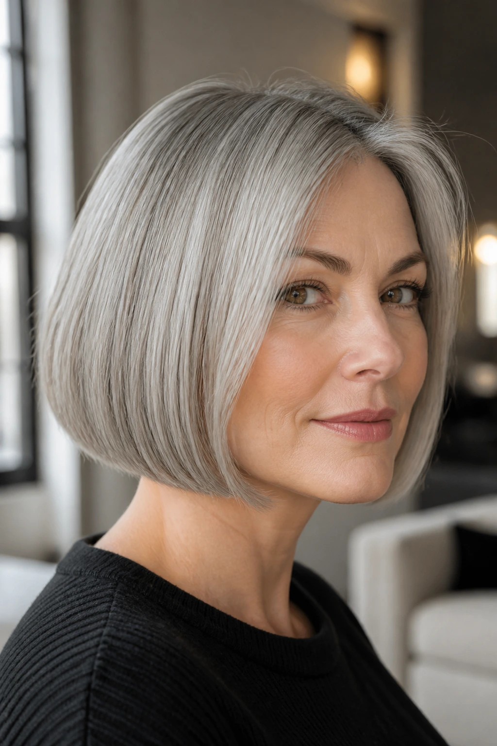 Close-up of a woman with a sharp-outlined grey bob