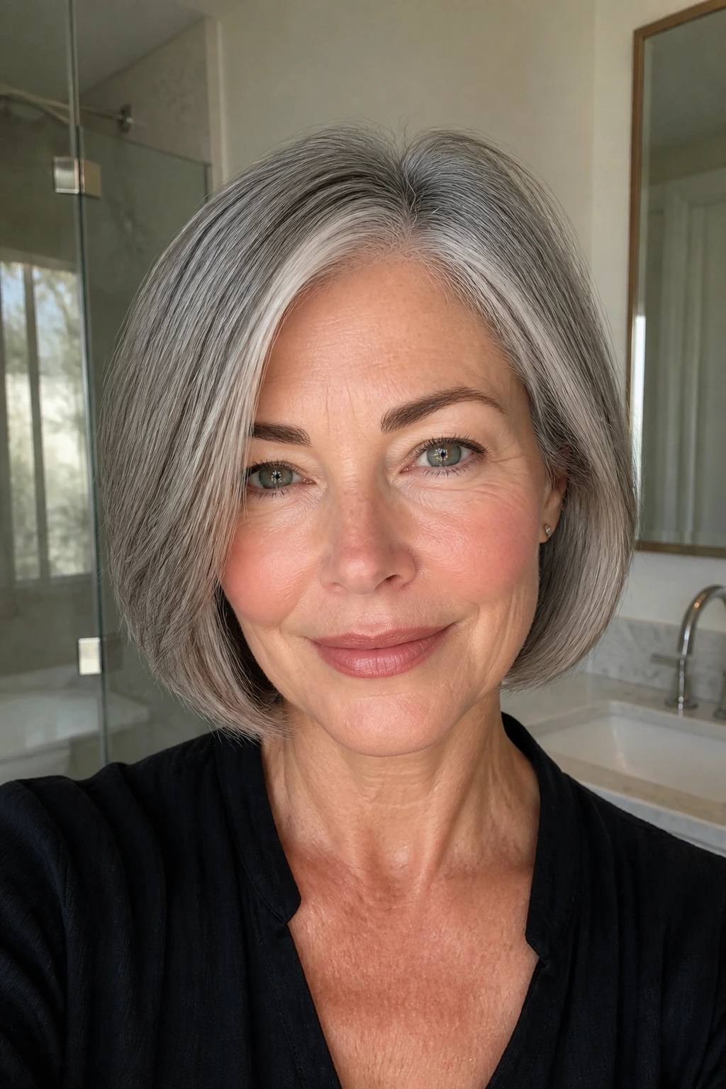 Close-up of a real person with a defined grey bob silhouette and strong perimeter