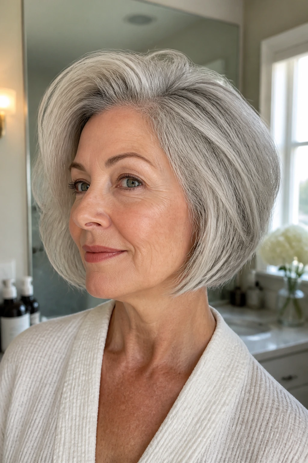 Close-up of a real person with a silver-grey bob showing lifted crown and textured ends