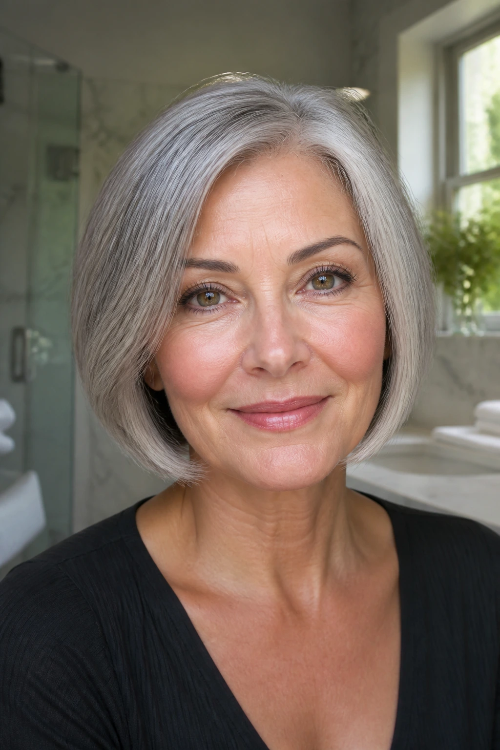 Close-up of a grey bob with a sharp perimeter and even tone after a trim and gloss