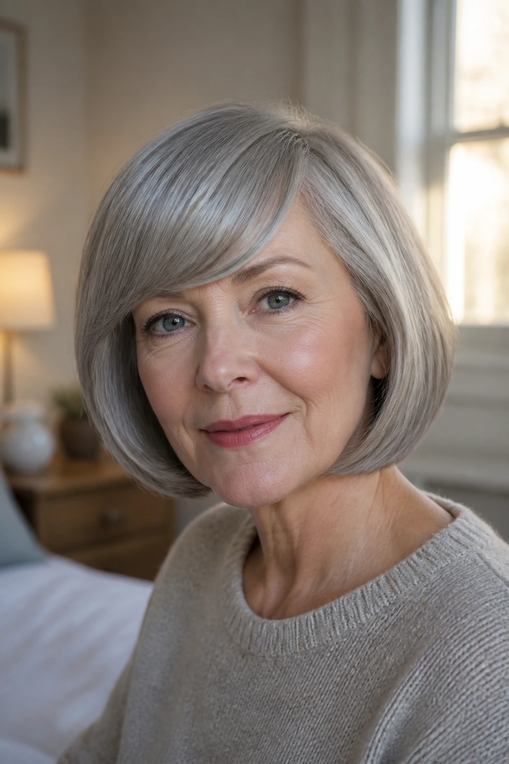 Close-up portrait of a real woman with a tucked-under grey bob and rounded fringe sweep in warm window light