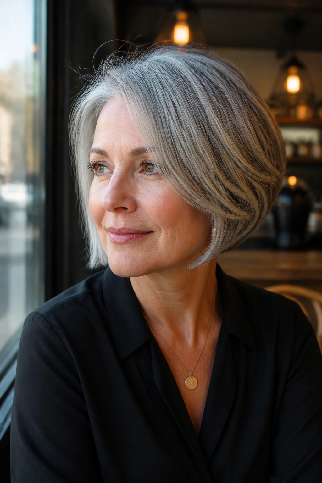 Close-up of a woman with a versatile grey bob in cafe lighting