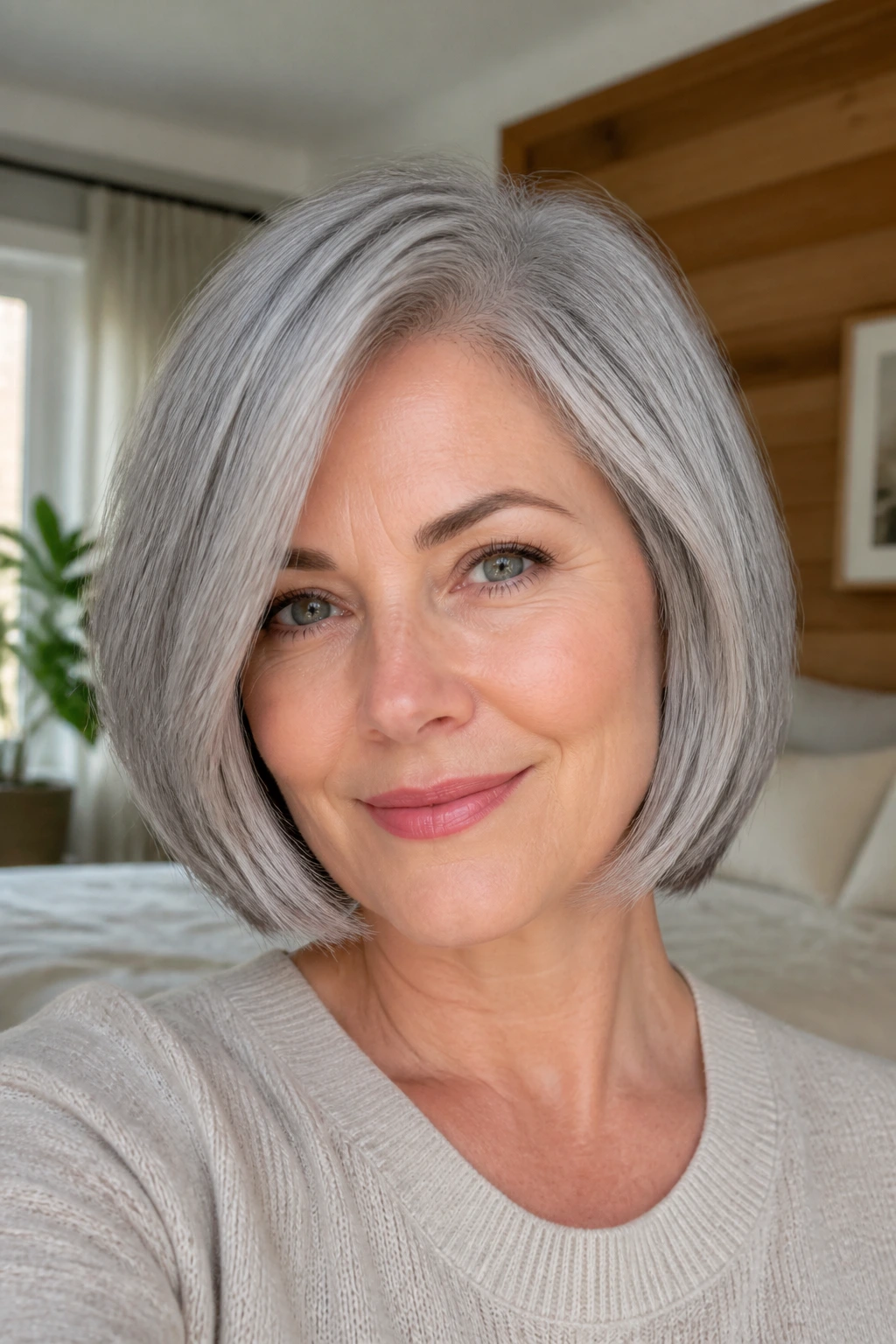 Close-up portrait of a real woman with a grey bob, showcasing density and sharp outline.