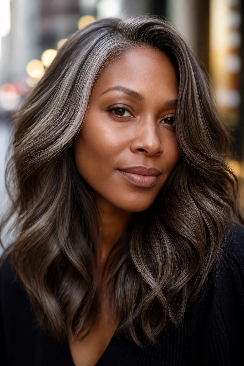 Close-up portrait of a real person with grey-brown hair in subtle edge styling