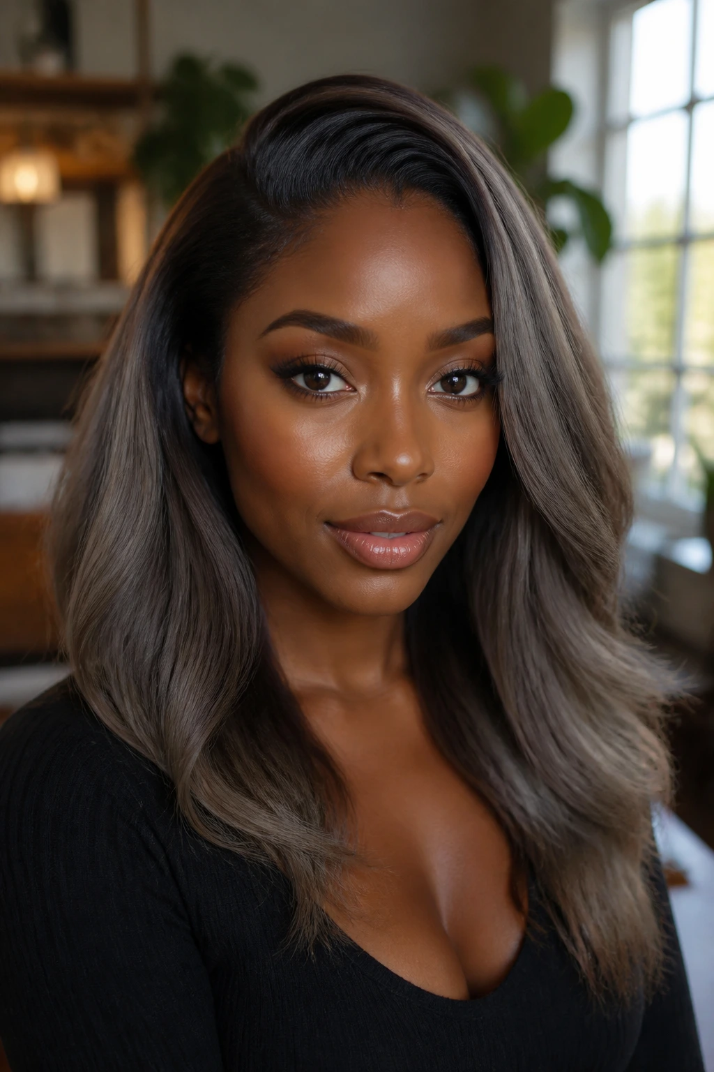 Portrait of a model with grey-brown hair on deep skin tone in warm window light