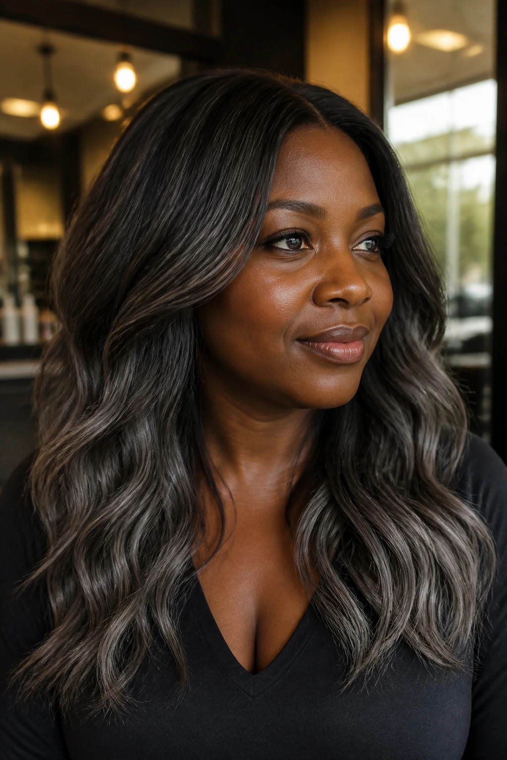 Close-up portrait of a deep-skin model with grey-brown hair in a softly lit salon
