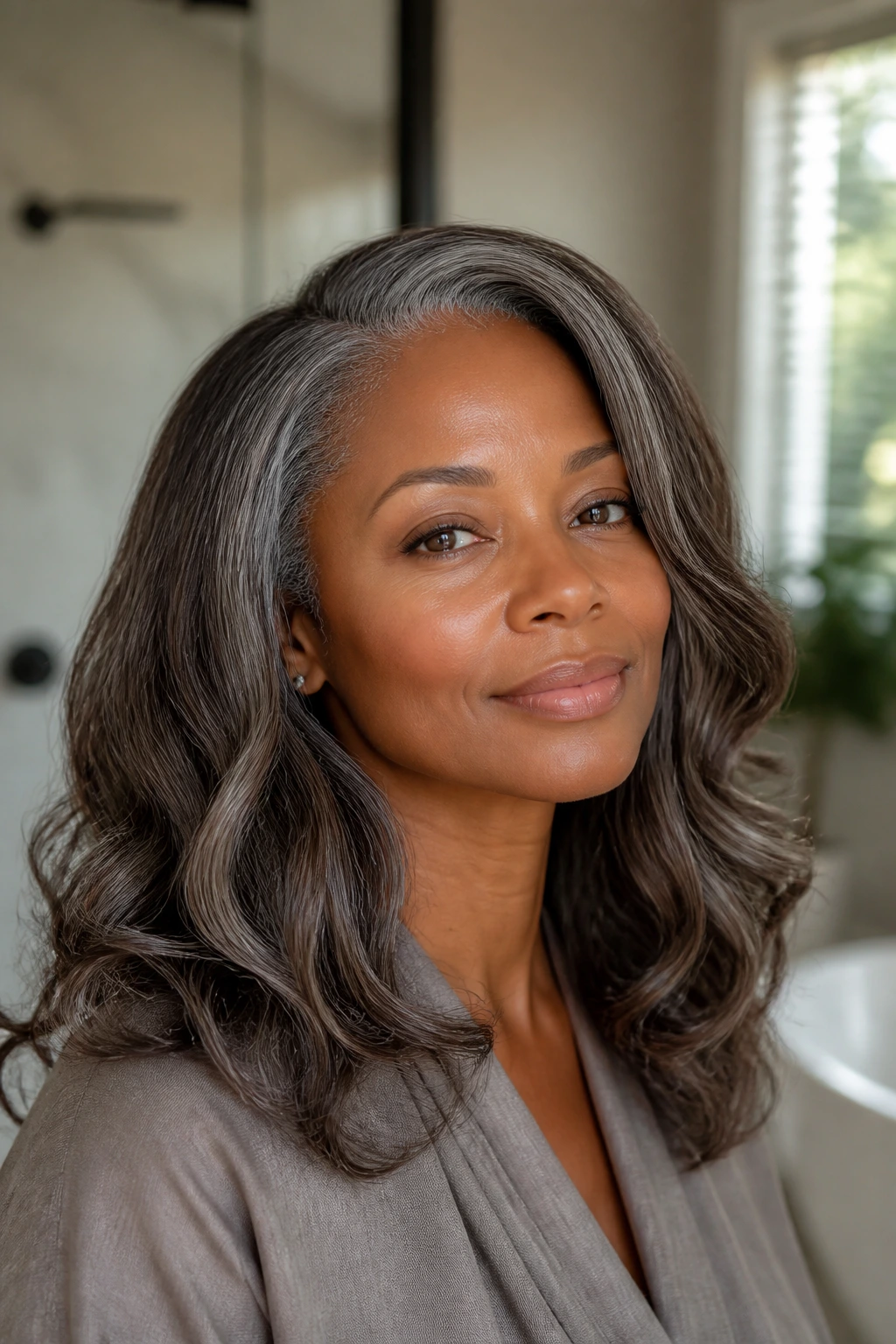 Portrait of a person with glossy, healthy-looking grey-brown hair.