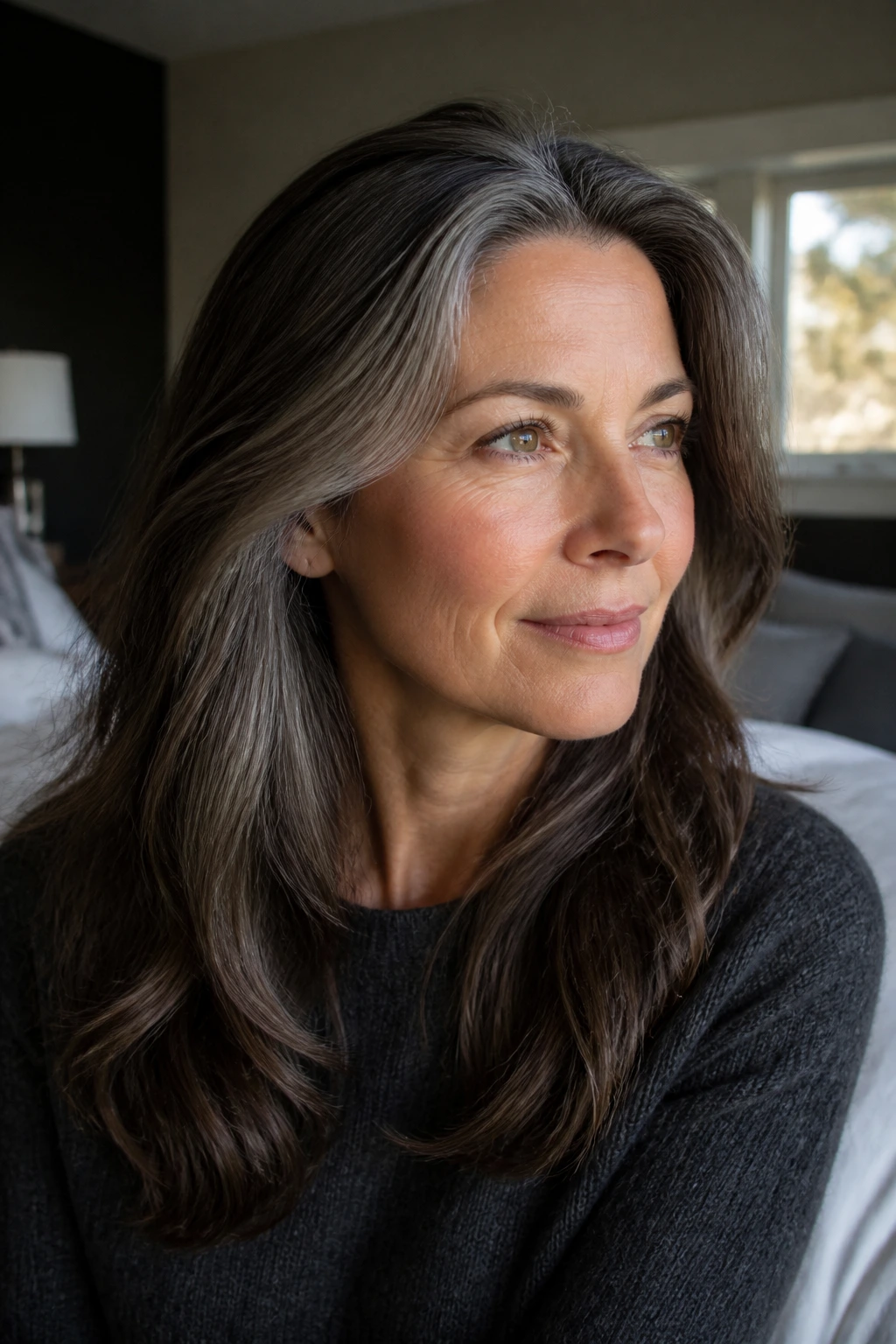 Close-up portrait of brunette hair with smoky grey roots, showing depth.