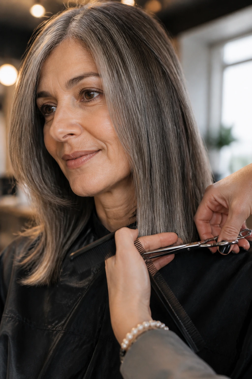 Close-up of a real woman getting a trim on grey-brunette hair in a salon