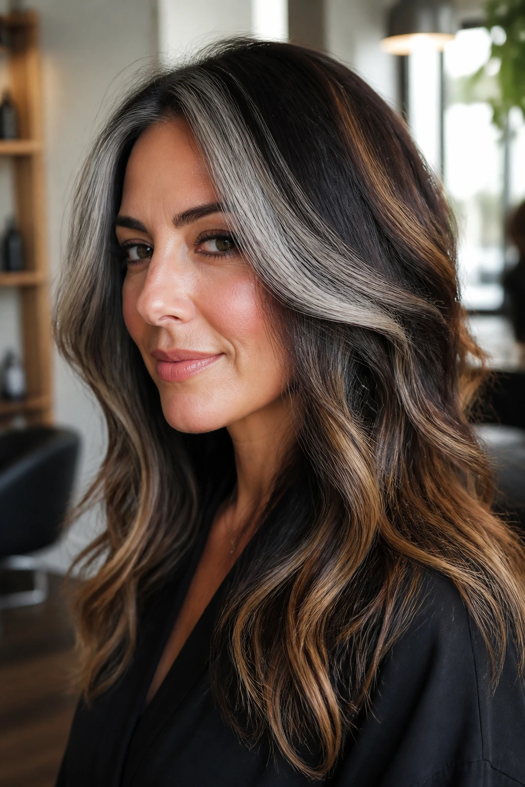 Close-up portrait of dark-haired woman with grey face-framing panels and caramel highlights