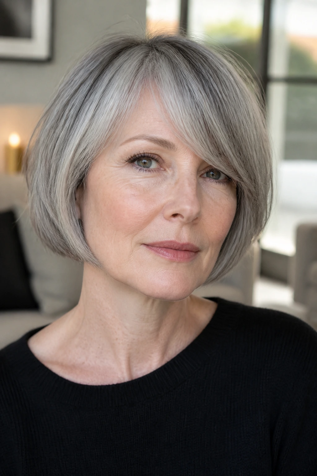 Close-up portrait of a real woman with a grey French bob and side fringe