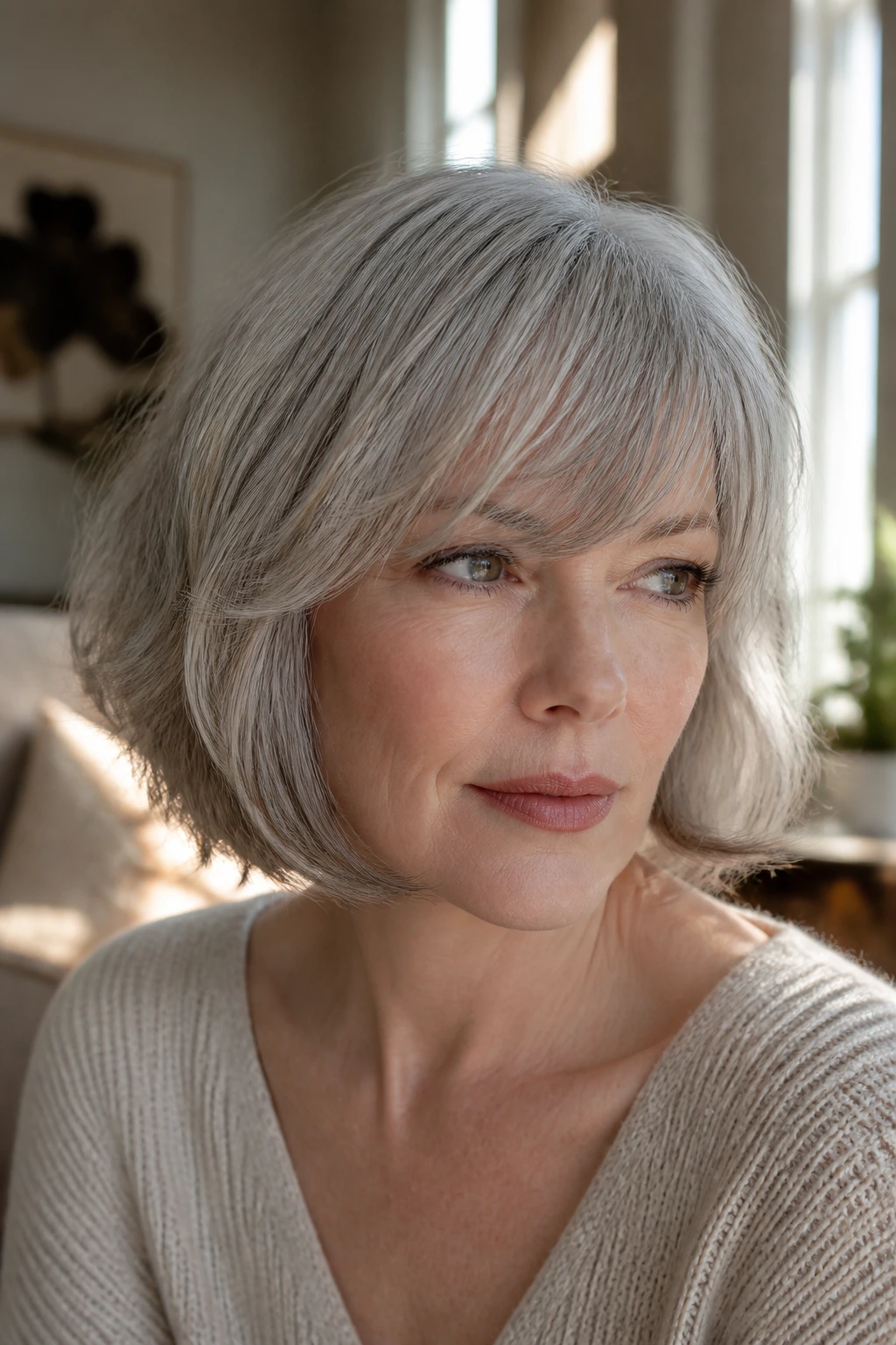 Close-up of a woman with a soft grey fringe framing the face in a sunlit room